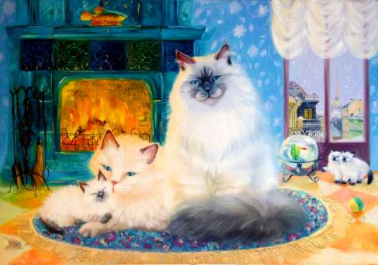 Картина по номерам 40x50 Кот, кошка и котенок