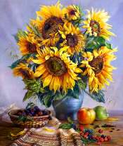 Букет подсолнухов, яблоки и сливы