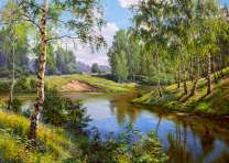 Размеренная река среди берез