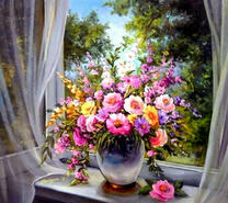 Большой и красивый букет на окне