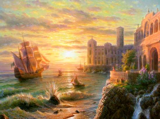 Картина по номерам 40x50 Замок на берегу моря и корабли