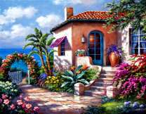 Красочный домик с садом на берегу моря