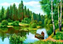 Летний пейзаж на реке с лодками