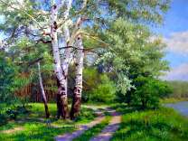 Дорога домой вдоль берез и реки