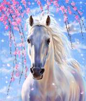 Белая лошадь под весенней сакурой