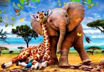 Довольные слон и жираф
