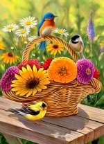 Птички на корзинке с осенними цветочками