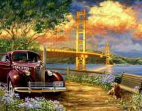 Старинный автомобиль у вечернего моста