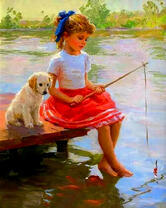 Девочка и щенок ловят рыбку