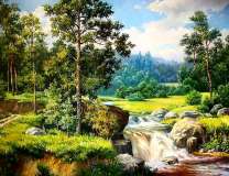 Летний ручей с порогами в лесу