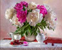 Букет пионов и красная вишня