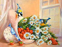 Пара синичек и ромашки с клубникой в шляпе