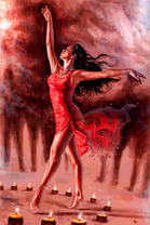 Девушка в красном платье и круг из свечей