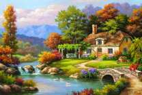 Домик у реки среди осеннего леса