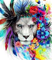 Грозный лев в цветах и перьях