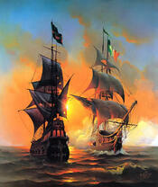 Встреча кораблей в море на закате