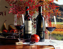 Вино и фрукты на фоне виноградников