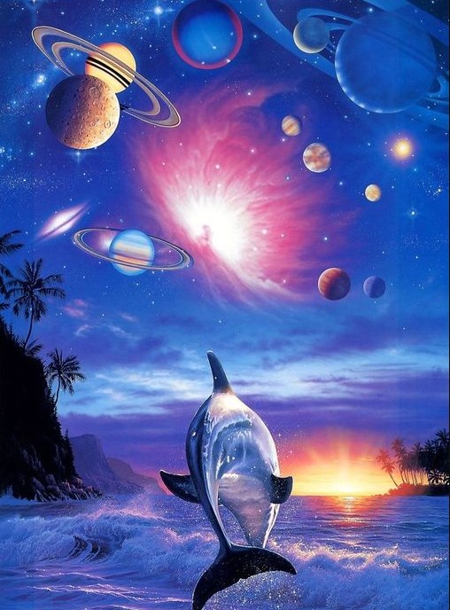 Картина по номерам 40x50 Дельфин в море под планетами