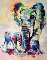 Слонёнок и слон яркими цветами