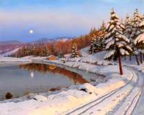 Снежная дорога вдоль озера