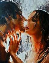 Поцелуй под дождем на фоне света