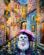 Ёж под зонтом на вечерней улице