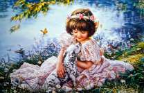 Девочка со щеночком далматинца на берегу озера