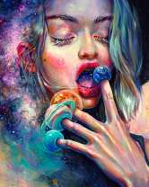 Девушка с голубыми волосами и планеты