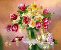 Красивый букет тюльпанов с желтыми нарциссами