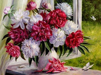 Ваза с пионами и бабочки