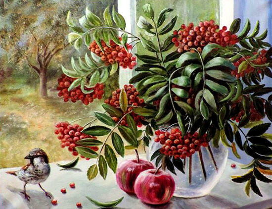 Картина по номерам 40x50 Воробей, яблоки и ваза с рябиной