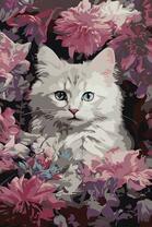 Белый пушистый котик в розовых цветах