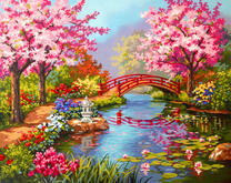 Цветущие деревья и мостик