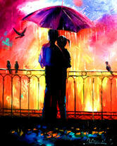 Влюбленные спрятались под зонт от дождя