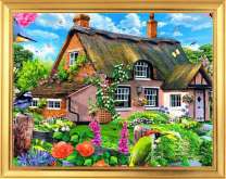 Уютный домик и птички в цветущем саду