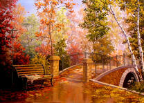 Скамейка и мостик в осеннем парке