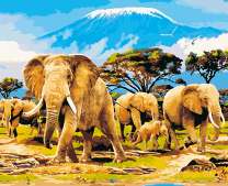 Стадо слонов у заснеженной горы