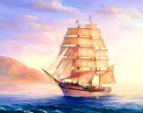 Корабль у острова в утренней дымке