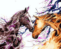 Пара красивых лошадей у дерева