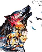 Силуэт волка, олень и осенний лес