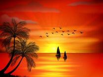 Парусники в море на фоне заката