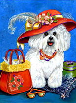 Милый щенок в красной шляпке с сумочкой