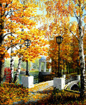 Мостик с фонарями в осеннем парке