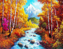 Осенний лес на фоне заснеженной горы