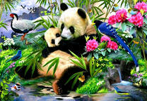 Мама панда и ее малыш среди ярких цветов