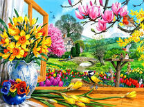 Птичка и множество весенних цветов