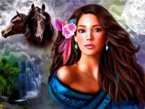 Девушка, чёрные лошади и водопад