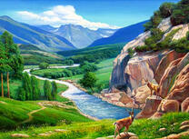 Горная долина с рекой и олень