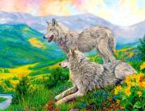 Пара белых волков на зелёном лугу