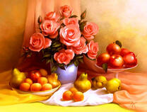 Натюрморт с розами, грушами и яблоками